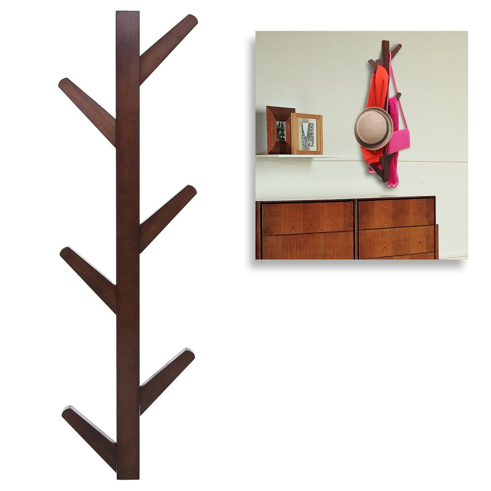 yazi Vintage Brown Bamboo 6 Branches Tree Style Wall Mounted Hanging Coat Rack Hanger Scarf Hat Bag Holder Hook