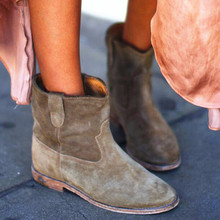 Fashion Suede/Soft Leather Ankle Boots Crisi Suede Concealed Wedge Biker Boots Comfortable Round Toe Slip-On Botas Shoes Woman