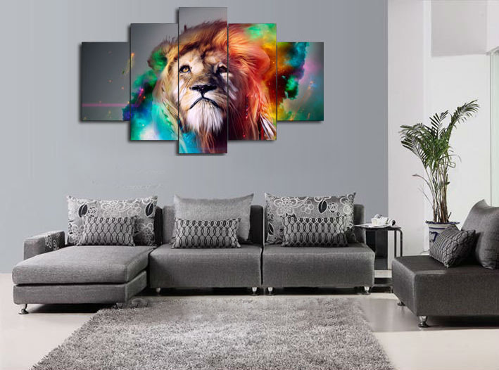Lion Within A Frame Home Decor Los Elephants Etc 5 Panel Wall Art Modern Printed Animal Lion Oil Painting Canvas Home Decor For Living