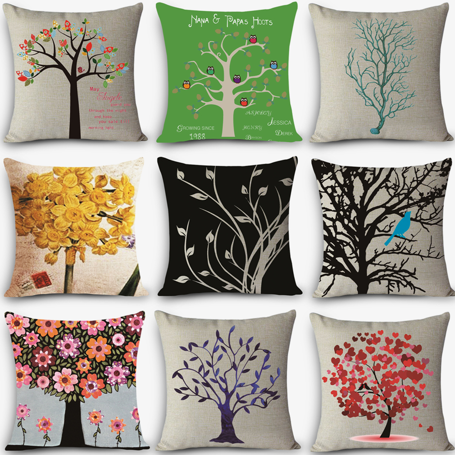 High quality decorative throw pillow customized HD tree Print Home Decorative Cushion Vintage Cotton Linen Square MYJ-G2