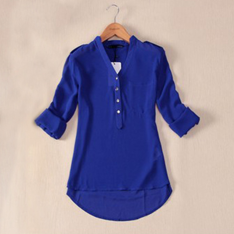 Women Spring Summer 2015 Long Sleeve Chiffon V-Neck Shirt Blouse Tops Blusas Femininas Plus Size S - XXXL