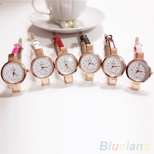 Mujeres Rhinestone de imitación de cuero súper delgada correa cuarzo reloj de pulsera analógico vestido 2879