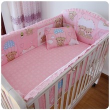 Promotion! 6PCS Pink Bear baby girls bedding products bedding sets cot set crib bumper bed sheet (bumper+sheet+pillow cover)