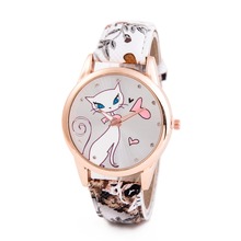 2016 New Style Cute Cartoon Cat Watches Women Fashion Large Numeral Casual Watch Floral Strap Quartz