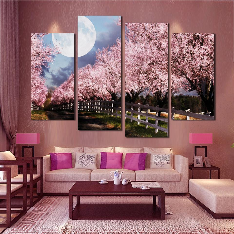 4 Piece Modern Printed Wall Art Home Decoration Purple Tree Large Living Room Oil Painting Pictures on Canvas Prints Artworks