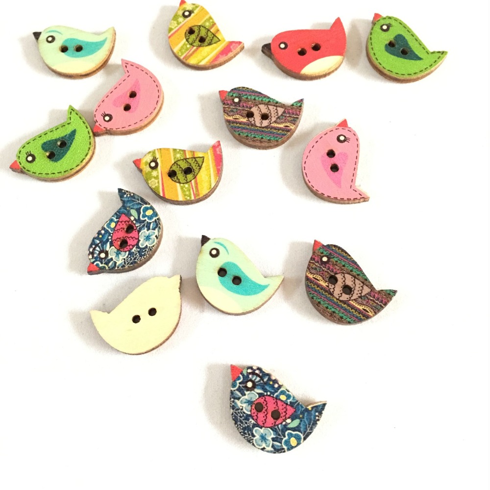 Description Picture 2 of item50PCs Mixed Wooden Buttons Cute Bird Pattern Decorati 2 Holes Round Wooden Buttons For Sewing, DIY, Clothing Accessories 7NK213