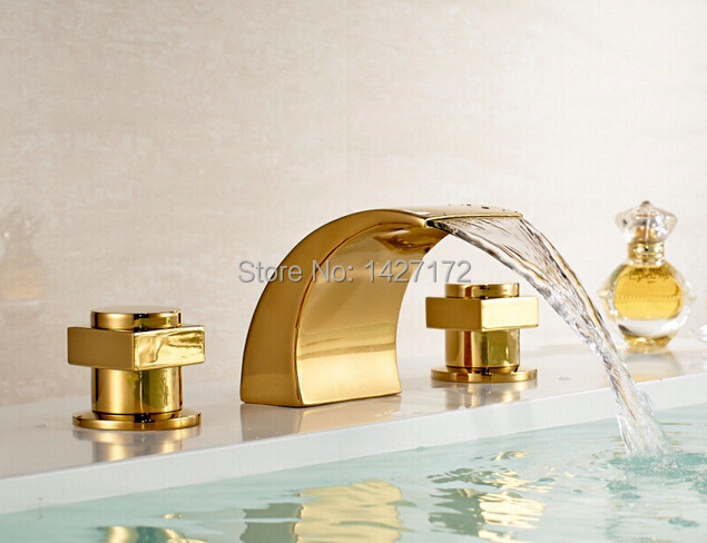 Contemporary New Deck Mounted Bathroom Polished Golden Brass Basin Faucet Waterfall Dual Handles Sink Mixer Tap