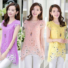 Plus Size S-XXXL Elegant Women Floral Print Long Top Summer Yellow/Purple/Pink Chiffon Blouse vetement femme XN4