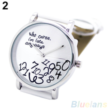 Women’s Men’s Who Cares Faux Leather Arabic Numerals Letters Printed Wrist Watch