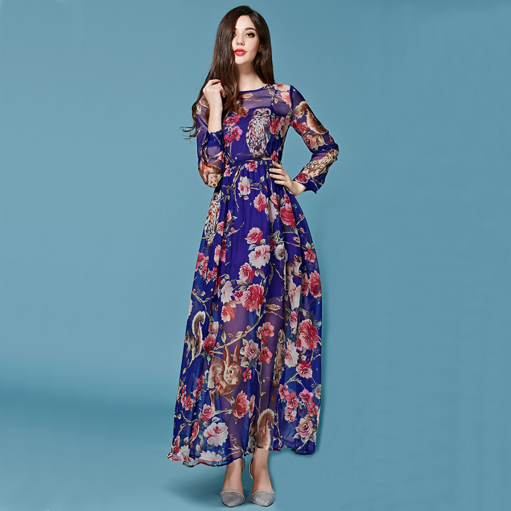 2014 Summer Women Owl Flower Print Bohemian Elegant Full Sleeve & Floor-Length High Quality Dresses