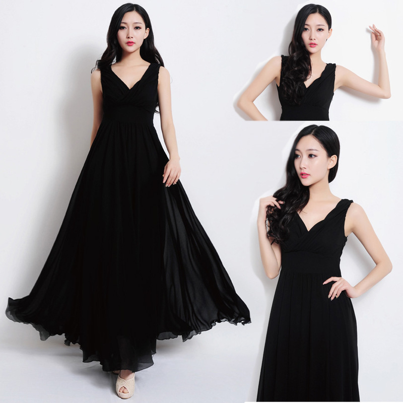 Free shipping 2016 New Summer Fashion Women Maxi Dress Long Bohemian Deep-V Sleeveless Dress Pleated Maxi Black Casual Dress
