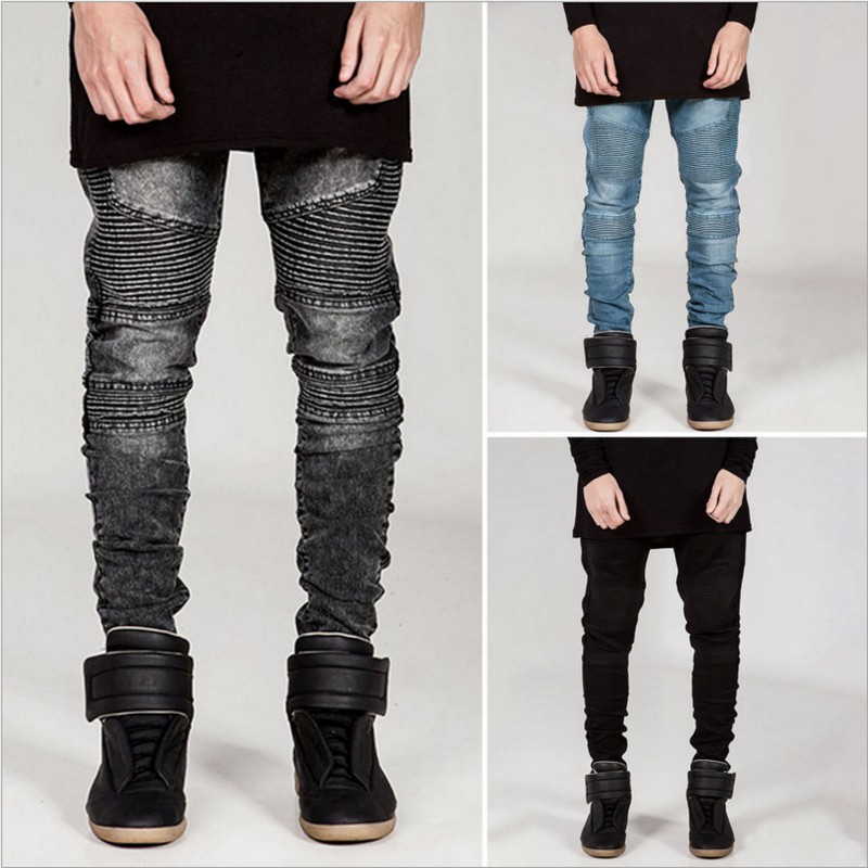 Mens Skinny jeans men 2015 Runway Distressed slim elastic jeans denim Biker jeans hiphop pants Washed black jeans for men blue