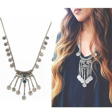 Bohemian vintage silver black stone moon pendant necklace long coin fringe chain necklace turkish female jewelry