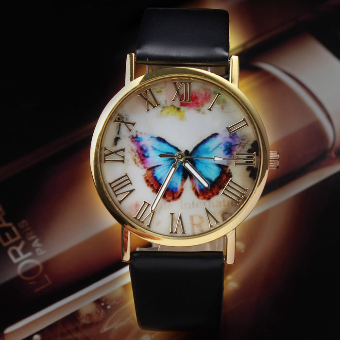 2015 New Lady Womens Fashion Butterfly Style Leather Band Analog Quartz Wrist Watch Gift Dave