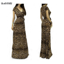2015 Summer style Women Nightclub dresses vestidos Sexy V-neck short sleeve Maxi dress Leopard Package Hip long dress 950 DX