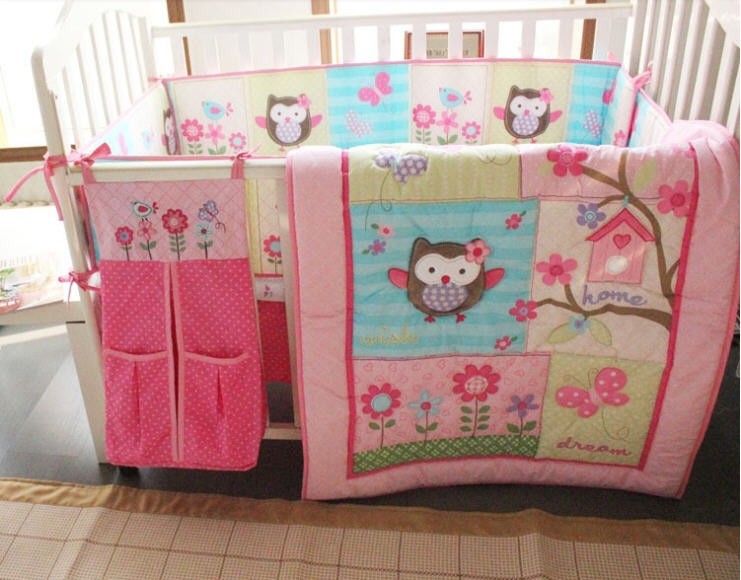 Ups Free 100 Cotton 7 Pieces Owls Baby Girl Bedding Set Pink