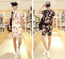 New Men’s Vogue Rose Floral All Over Slim Fit Comfy Pop Short Sleeve T Shirt Stretch Waist Shorts Set