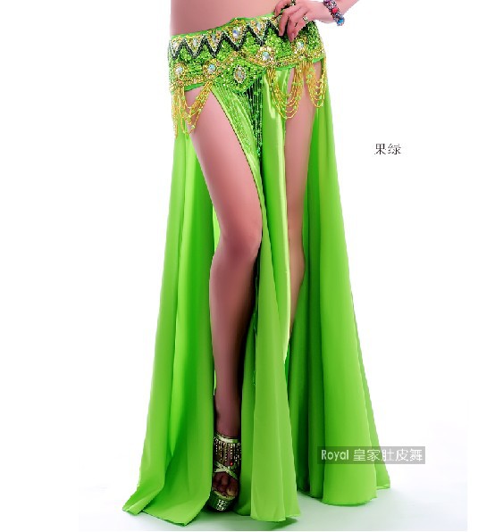 Sexy Belly Dance Costume Skirt Satin Pure Color Large Double Slit Dancing Skirts 11 Color U