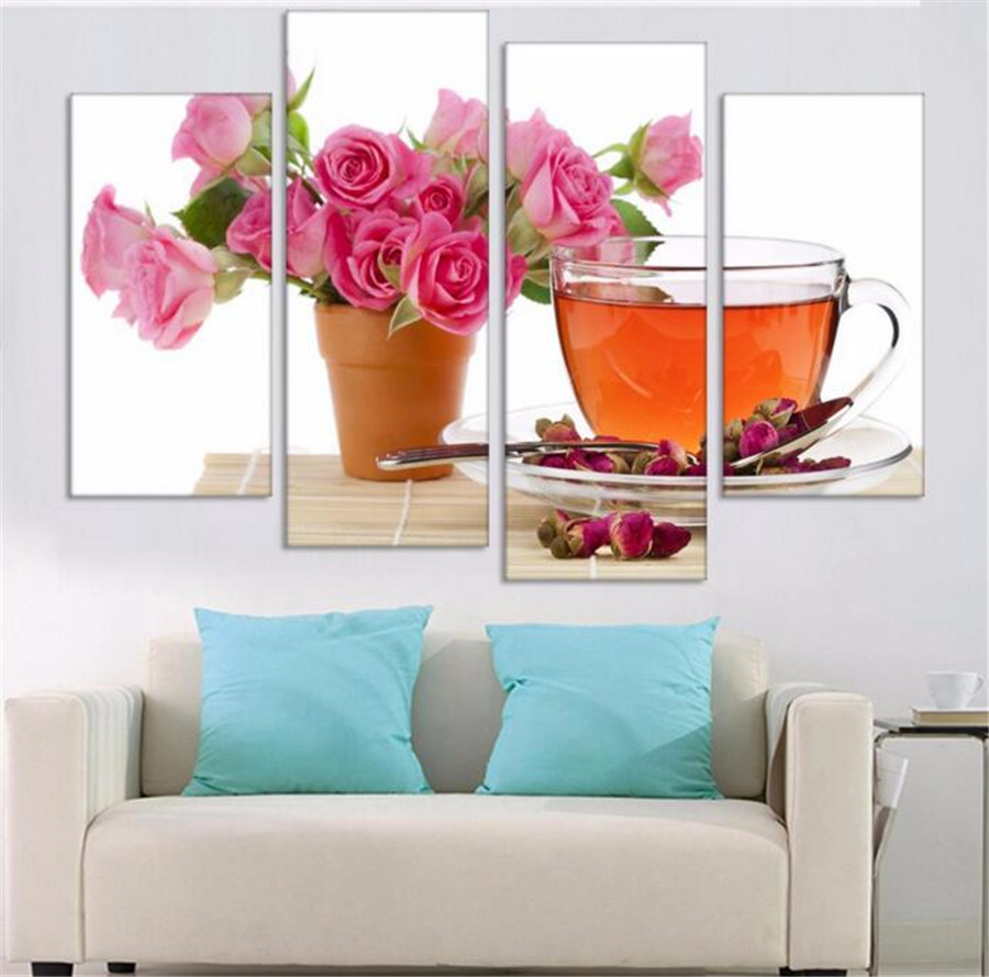 4 Piece Canvas Wall Art Modern Wall Tea Painting Flower Home Art Picture Paint On Canvas Painting on the wall Modular picture