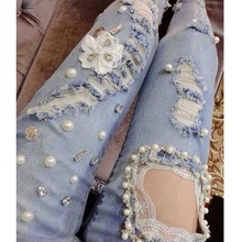 2016 Sexy Lace Handmade Sparkling Bead Diamond Rhinestones Hybrid Nail Ripped Slim Skinny Women Jeans