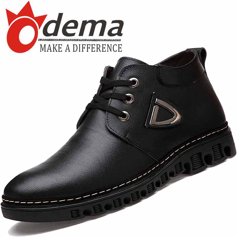 ODEMA Winter Top Genuine Leather Lace Up Ankle Boots Fashion Men Boots Warm Plush Fur Boots Men's Casual Martin Boots