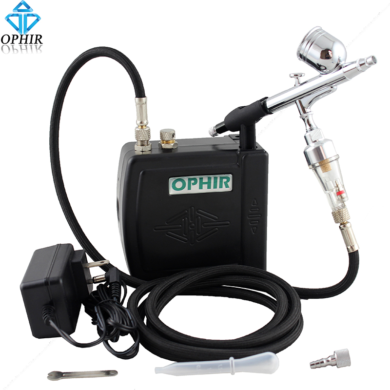 OPHIR 100V-240V 0.3mm Dual-Action Airbrush Kit + Mini Black Air Compressor Nail Art Makeup_AC003B+AC004+AC011