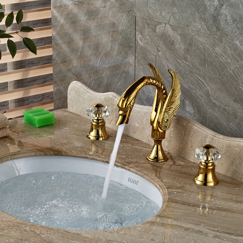 Luxury Two Crystal Handle Bathroom Sink Basin Mixer Faucet Golden Swan Basin Faucet Deck Mount 3 Holes Luxury Two Crystal Handle Bathroom Sink Basin Mixer Faucet Golden Swan Basin Faucet Deck Mount 3 Holes