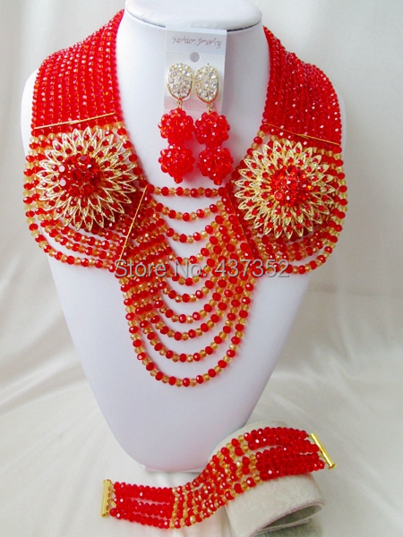 New Design Fashion Red Crystal Necklaces Bracelet Earrings Nigerian African Wedding Beads Jewelry Set  CPS-2460