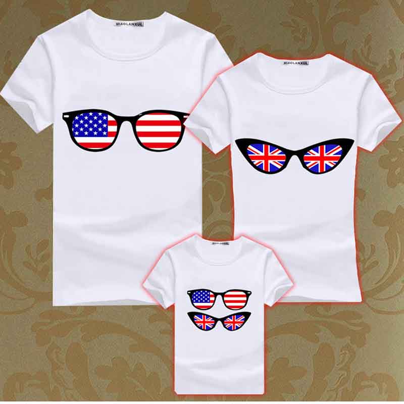 Fashion Family font b T Shirt b font Boys Girl Couple Matching Clothes Kids Flag Glasses