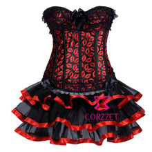Red Lip Pattern Sexy Waist Training Corset Dress Women 2 Pcs Gothic Clothing Set Corsets Espartilho E Corselets With Tutu Skirt