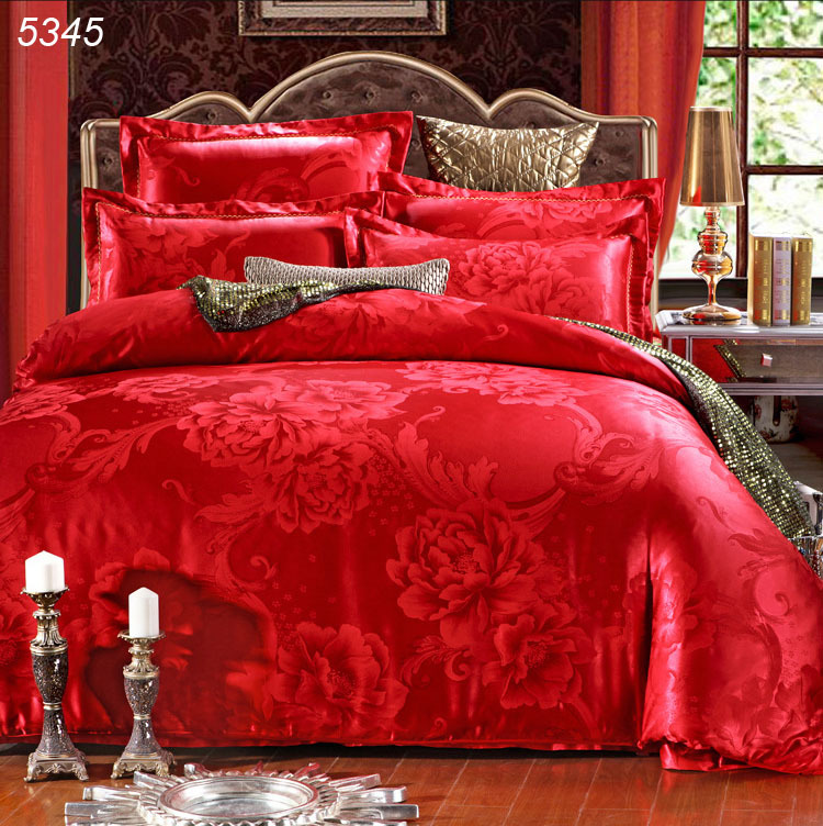 Wedding bed covers satin flower red silk bedding sets tencel silk ...