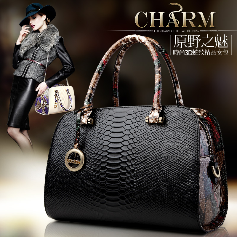 100% Genuine Leather Bags Handbags Women Famous Brands 2014 Fashion Serpentine Pattern Cowhide Handbag Noble Messenger Bag Tote