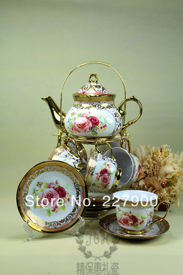 Wedding Birthday 13 Piece Gold Red Flower European Style Chinese Ceramic Tea Set Tea Service
