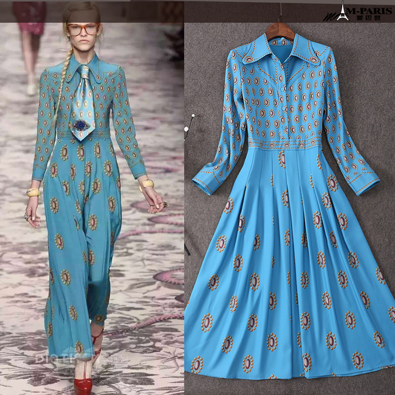 luxury 2016 spring fashion women's full dress print long sleeve one-piece dress female brand designer runway dress blue