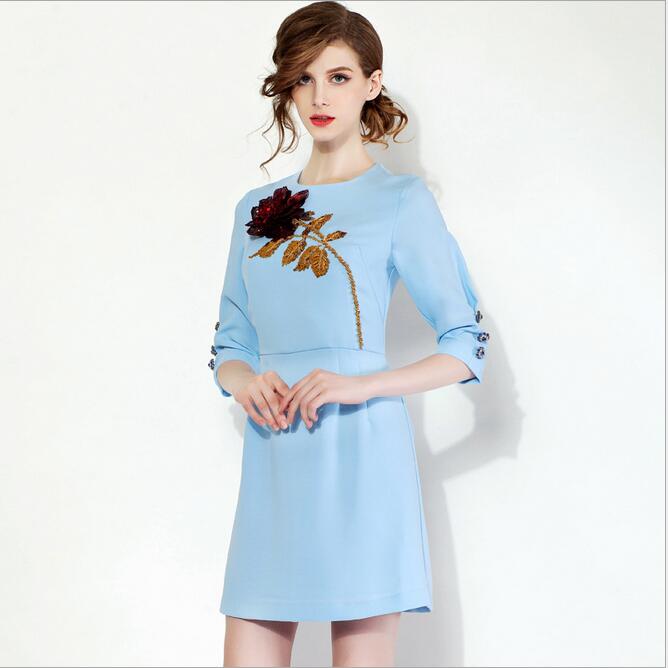 New Arrival 2015 Fall Charming Rose Embroidered Sequined  Dress Blue Dress 150701LU01