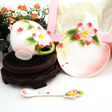 Jingdezhen bone manual kneading carved enamel color Redbud coffee cup saucer spoon three gift sets
