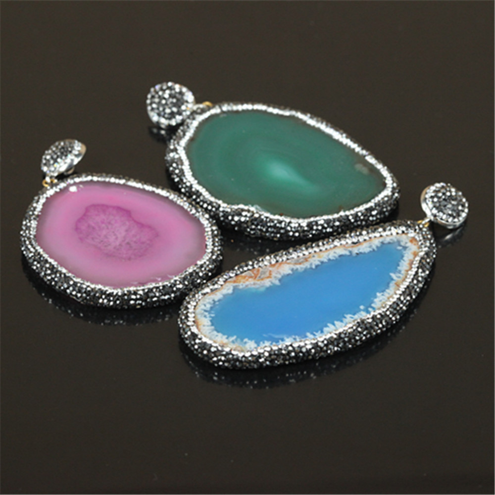 5pcs High quality charm pave rhinestones gem druzy stone luxurious pendant natural agate slice pendant for jewelry as best gift
