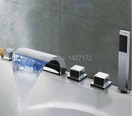 Modern New Bathroom Deck Mounted Polished Chrome Brass Waterfall LED Bathtub Faucet With Hand Shower Mixed Tap