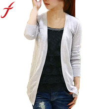 Feitong Women Candy Color Irregular Hem Long Sleeve Slim Thin Women Knitted Cardigan Sweater Blouse Tops