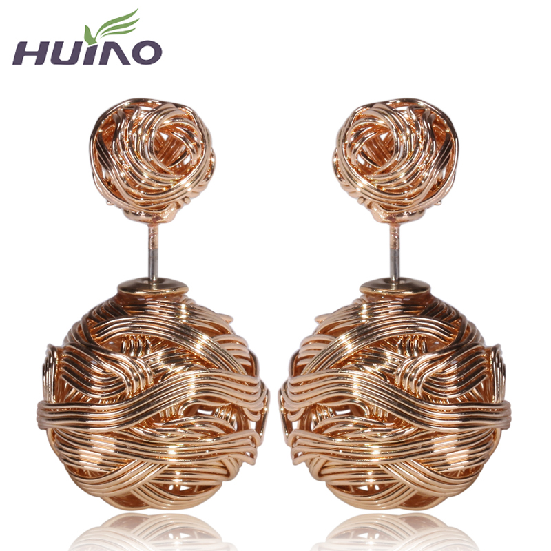 2015 cc brincos trendy women pendientes hot selling new silver,gold and gun color double metal wire wrapped sides stud earrings
