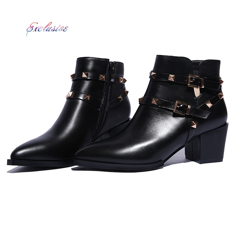 Woman Rivets Ankle Boots 2015 Winter Short Plush High Quality Cowhide Pointed Toe Thick With Shoe Black Black Rivets Ankle Boots