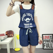 2016 New Free Shipping Womens Jeans Jumpsuit Girls Romper Denim Mustache Printed Shorts Overalls Casual Girls Pants Jeans