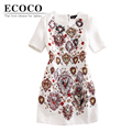 2016 Runway Summer Casual Vintage Print Short Sleeve Mini Bead Diamond White Short Summer Dress Women