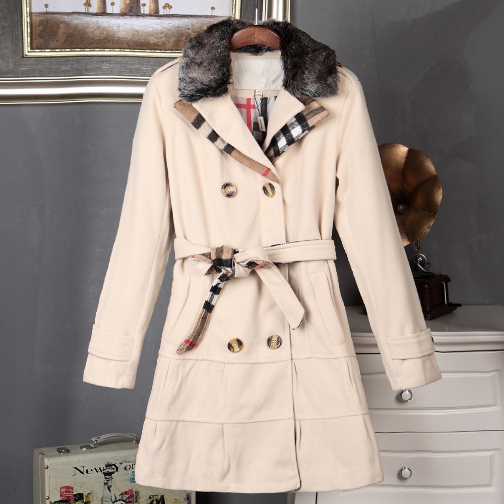 5 Colors 2015 Winter Female Warm Woolen Coat with Detachable Fur Collar Women Long Winter Outerwear Free Shipping M-XXL