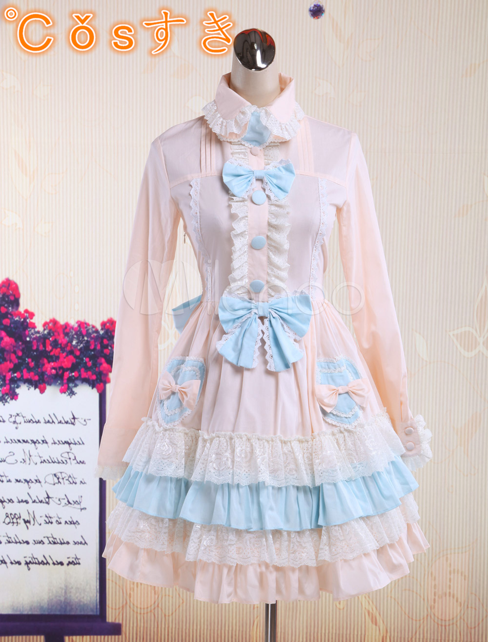Free shipping! Newest! High - quality! Classic Long Sleeves Bow Decoration Cotton Sweet Lolita Dress