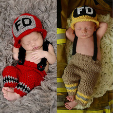 Firefighter Baby Boy Photography Props Newborn Infant Toddler Knitting Crochet Hat and Trousers Newborn Studio Photo Costume
