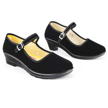 Heels Shoes Women Flock Mary Janes Close Round Toe Strap Ladies Black Heels Low Wedge Heel