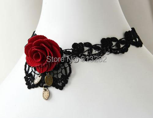 Free shipping!!!Gothic Necklace,Gothic, Lace, with Cotton & Zinc Alloy, with 2.5Inch extender chain, Flower