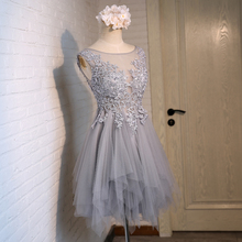Light Gray Short Prom Dresses 2016 Latest Real Photos Illusion Sheer Neck Scoop Sleeveless Zipper Back Pleats Tulle and Applique