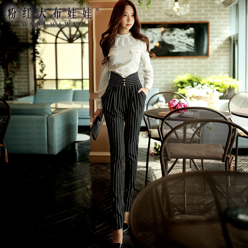 High waist pants female Pink Doll winter 2015 new slim legs vertical striped trousers show female trousers